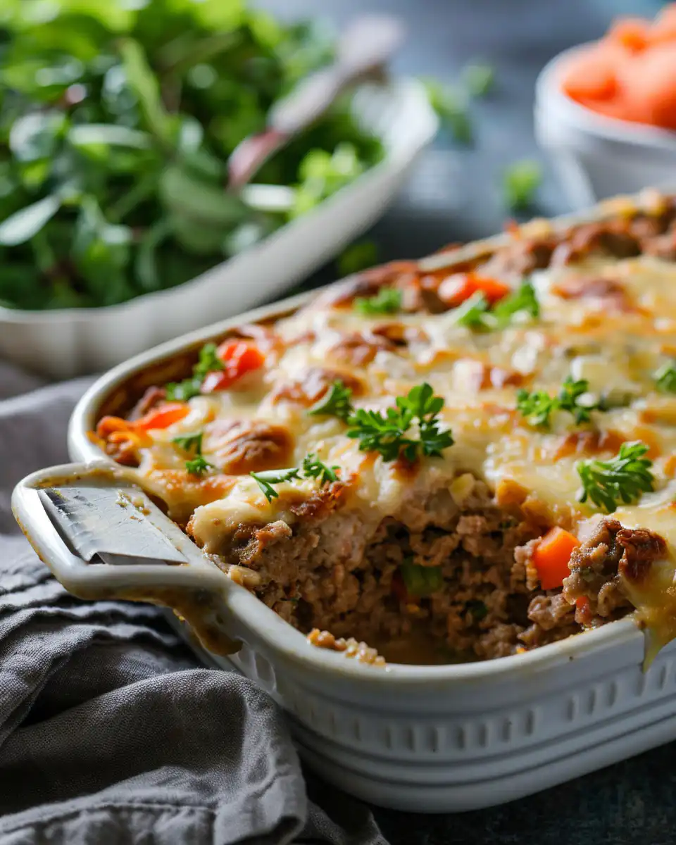 Close-up detail of cheesy meatloaf casserole ingredients mixture