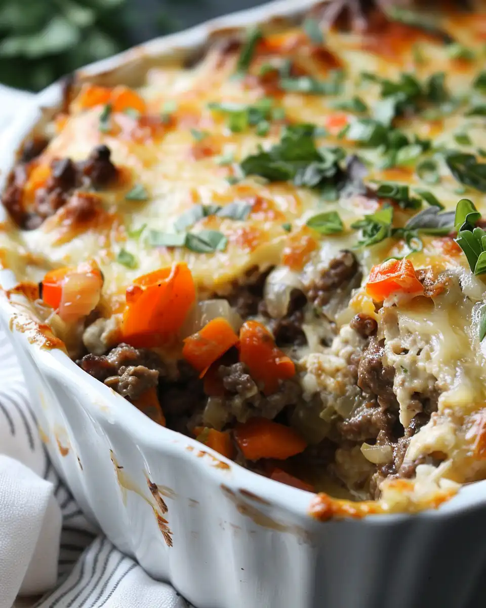 Baked cheesy loaded meatloaf casserole ready to serve