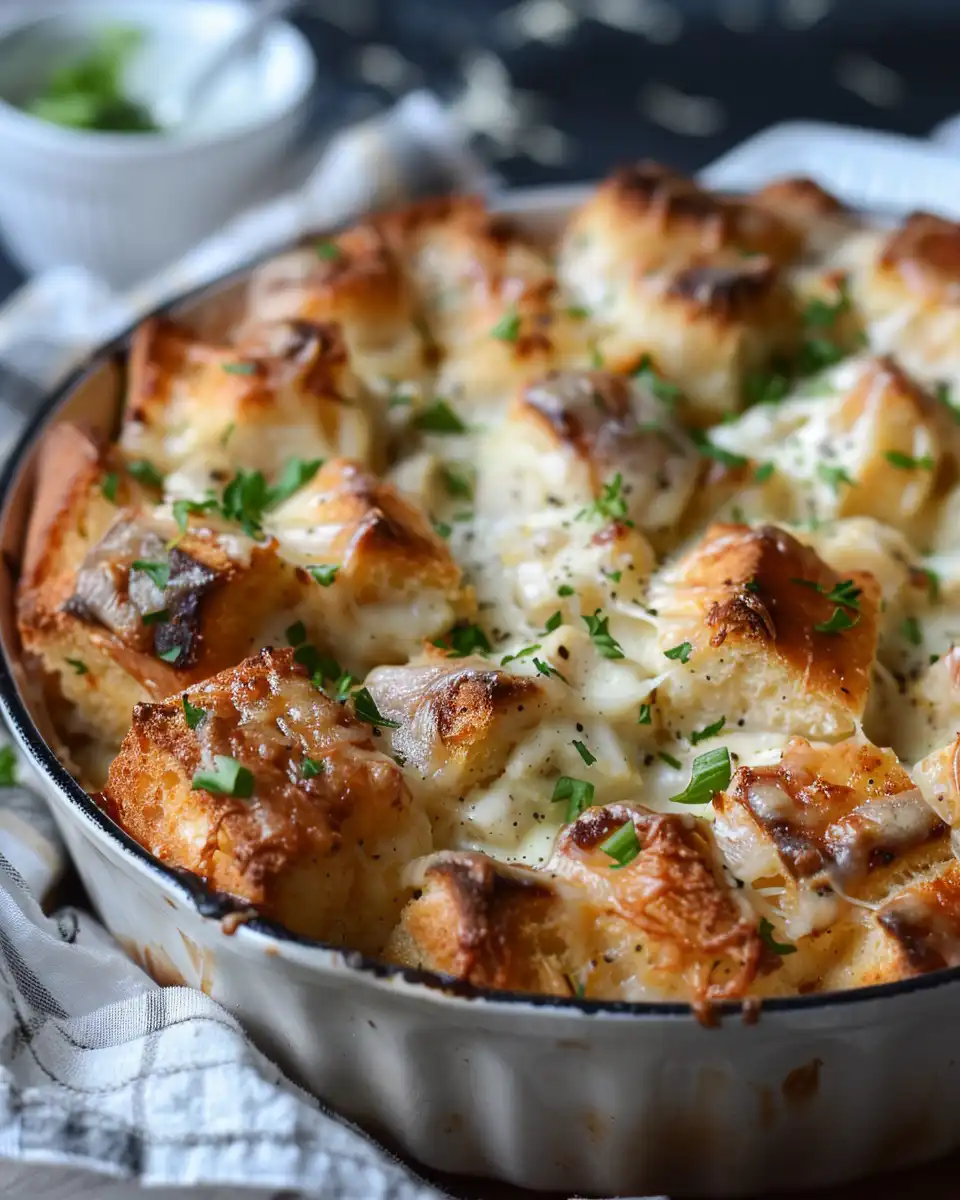 Finished Chicken Alfredo Monkey Bread on serving plate with cheesy pull-apart