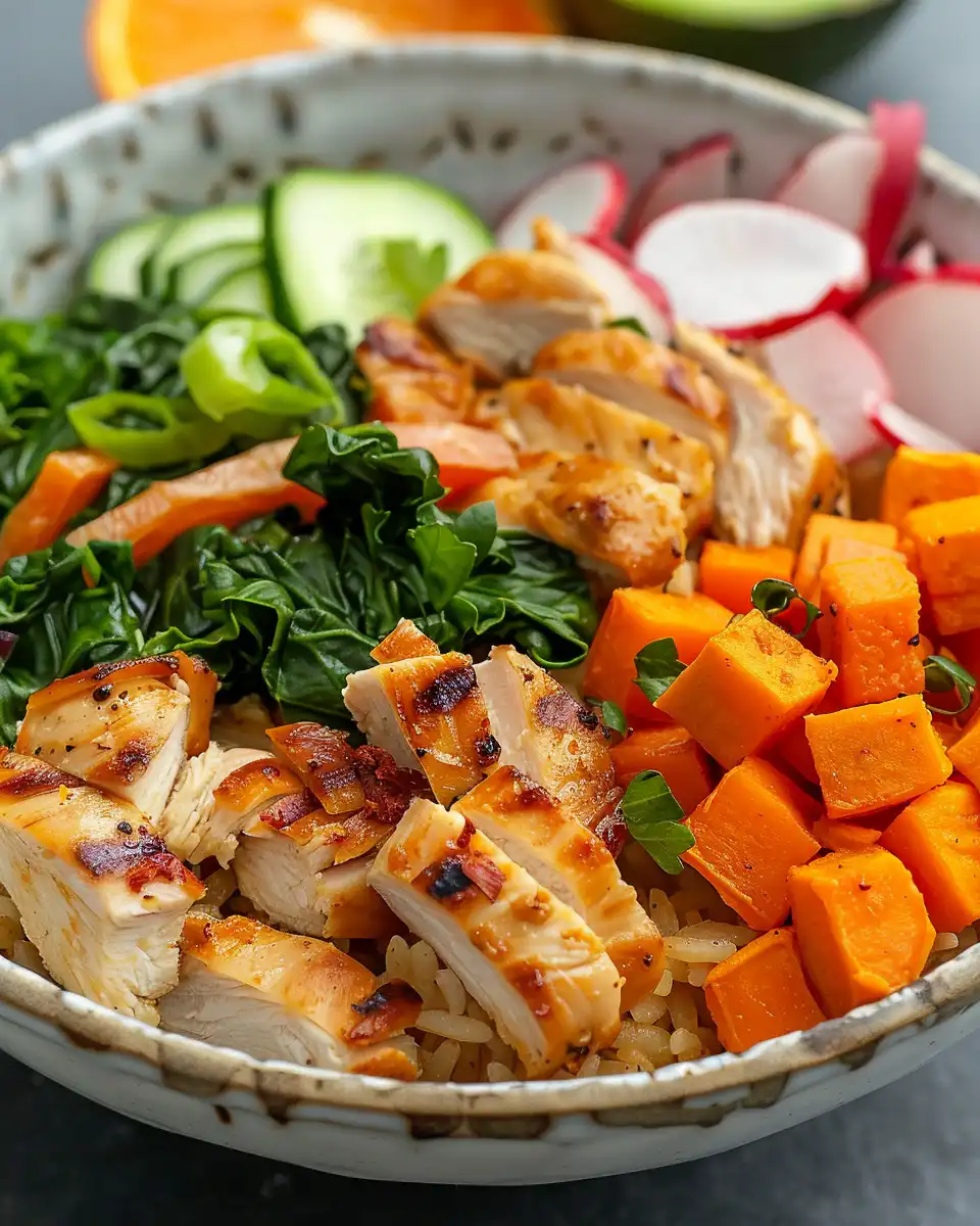 Close up of fresh ingredients including sweet potatoes, blackened chicken spice mix and garlic