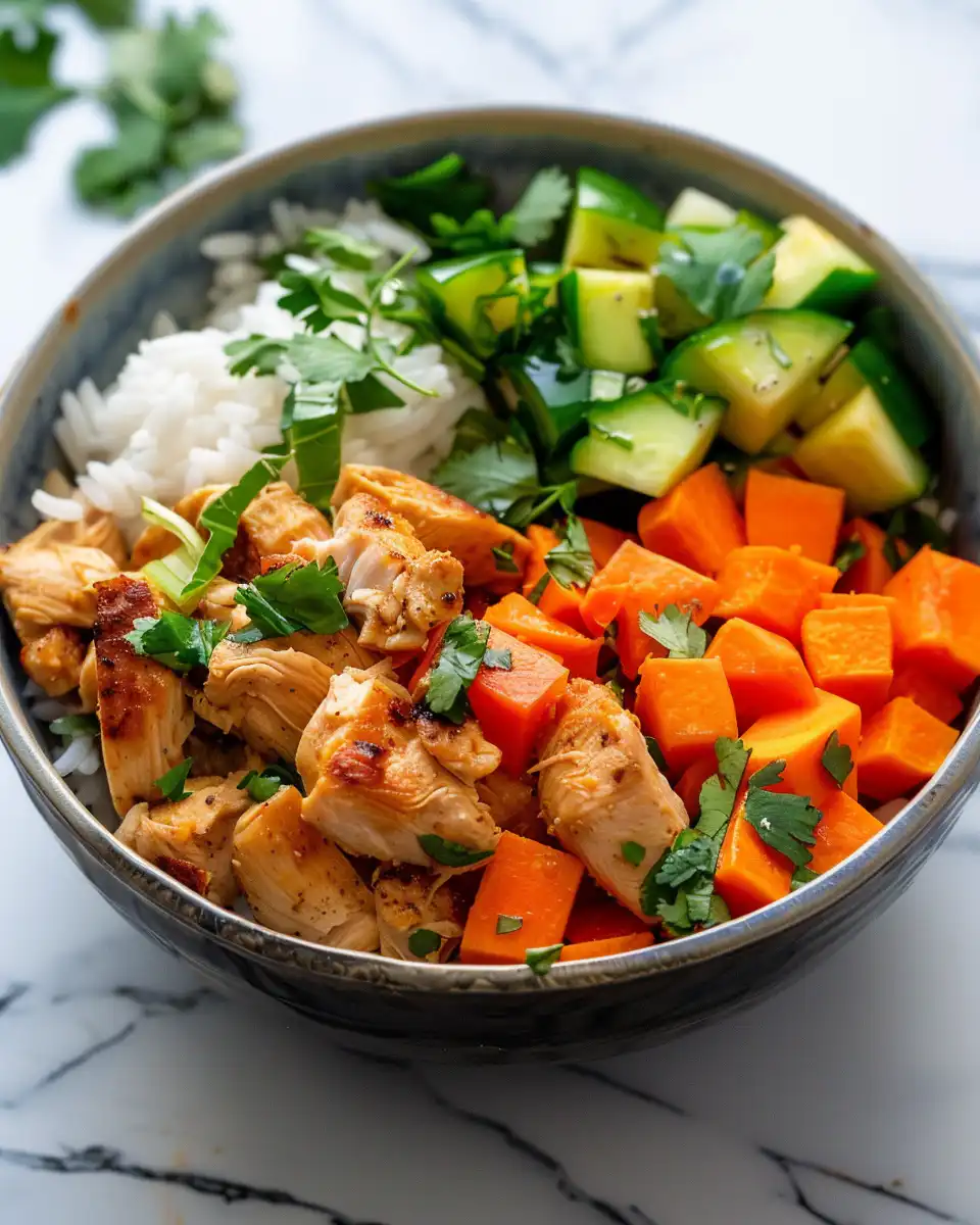 Final plated sweet potato and chicken rice bowl with avocado and cilantro garnish
