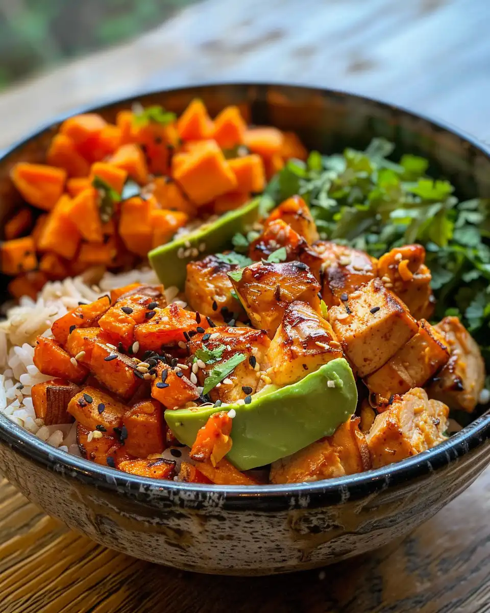 Pressure cooker sweet potato and blackened chicken bowl with rice
