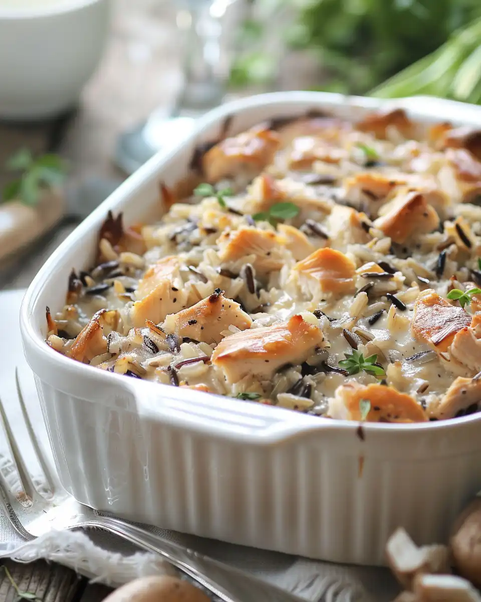 Served chicken and wild rice casserole plated with creamy sauce