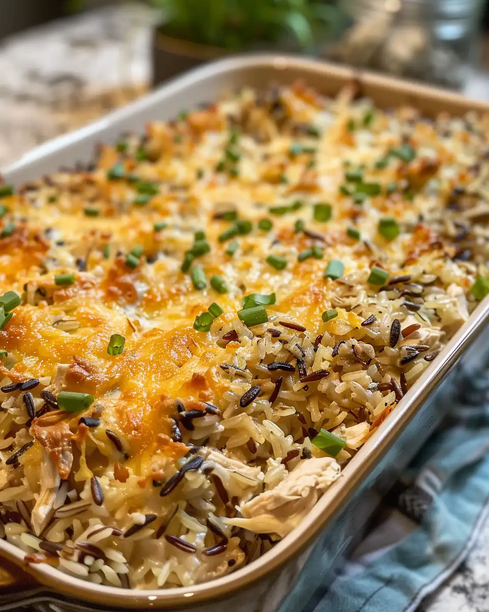 Close-up of chicken and wild rice casserole fresh out of the oven