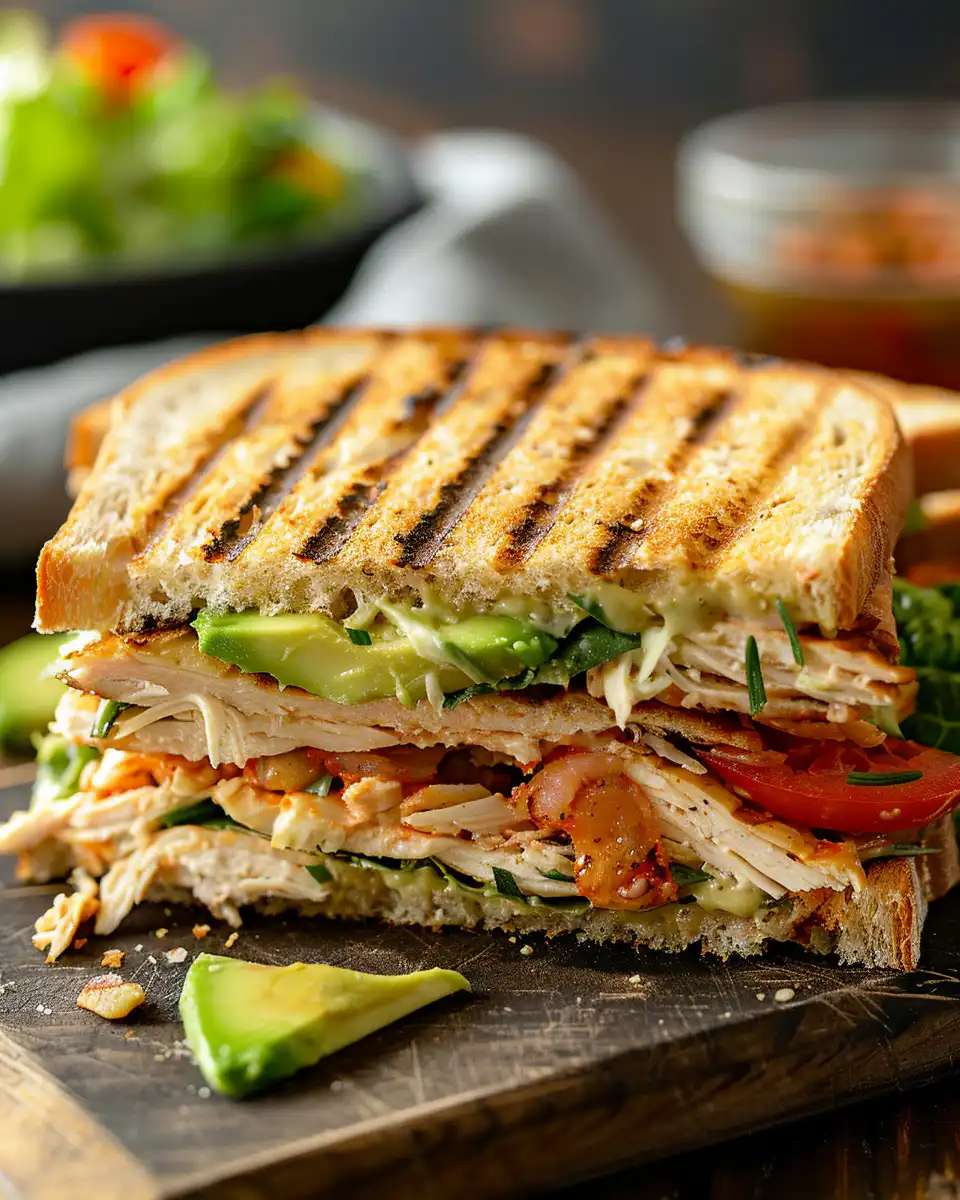 Close-up view showing ingredients and layering of chicken avocado melt sandwich