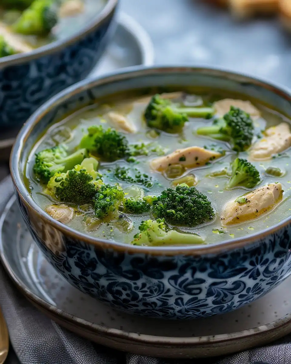 Close-up of fresh ingredients including broccoli and chicken for soup