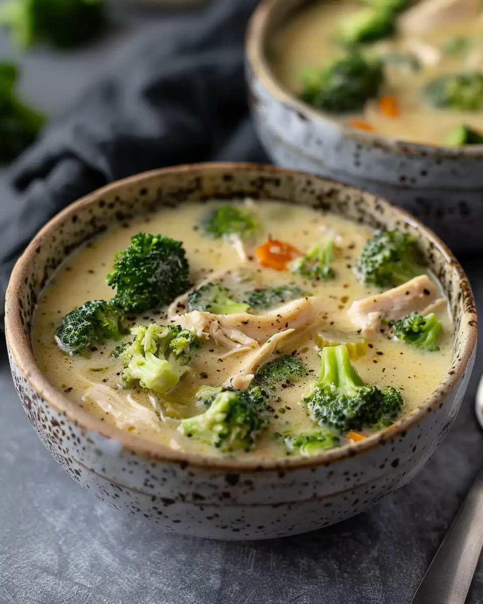 Bowl of served chicken broccoli soup with fresh herbs garnish