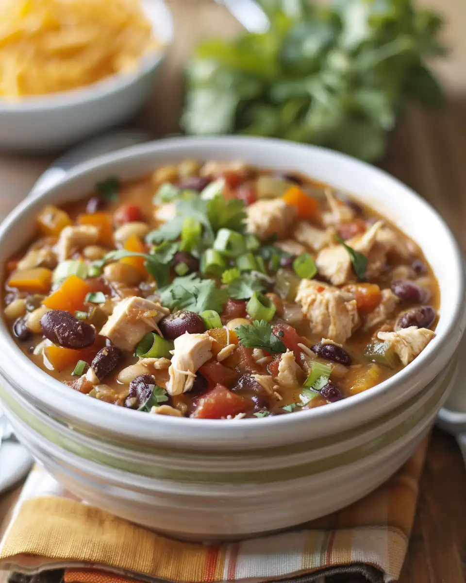 Freshly made chicken chili served in bowl with toppings