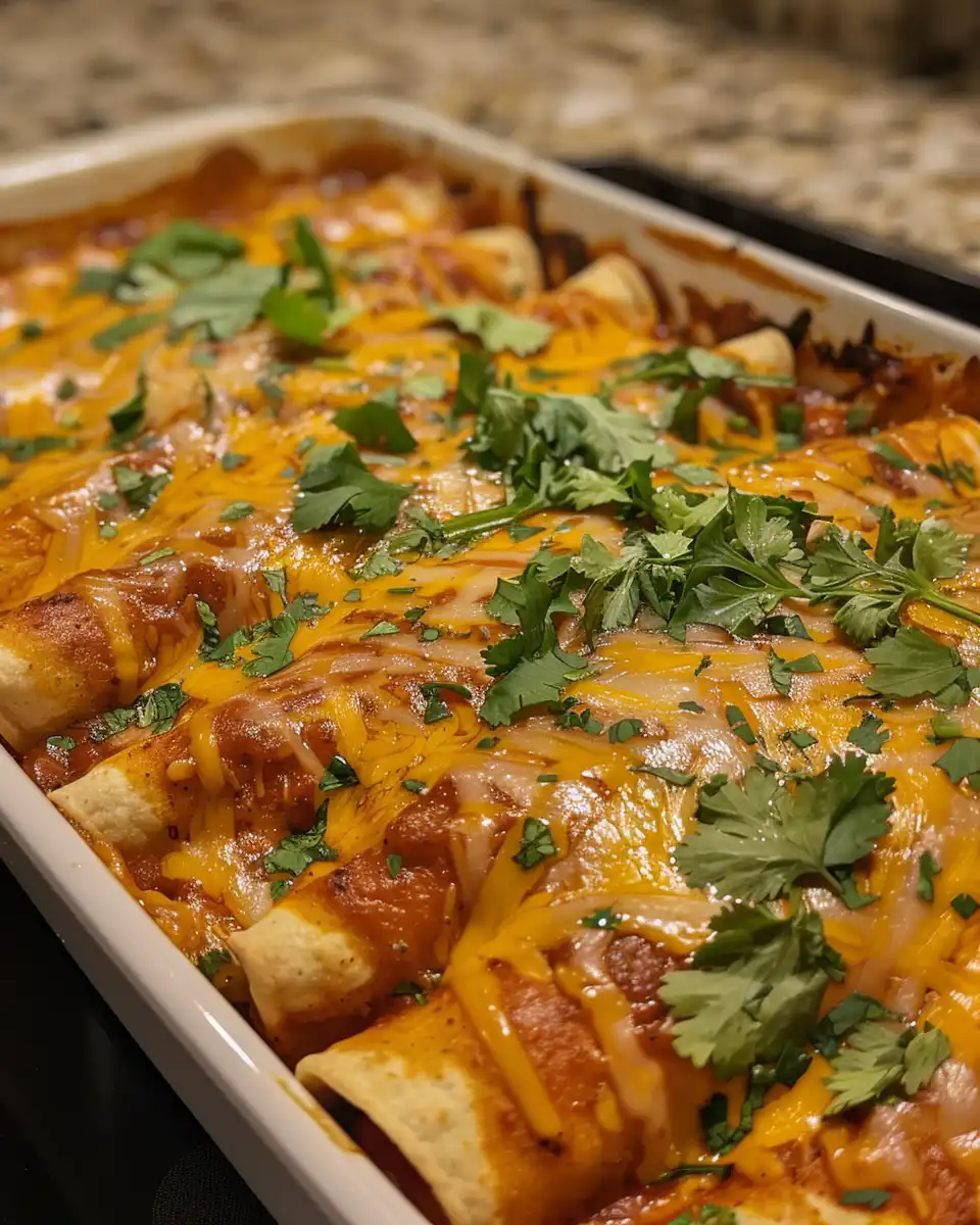 Baked chicken enchiladas with melted cheese ready to serve on plate