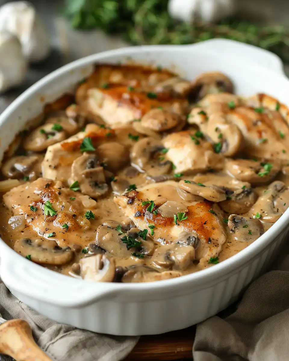 Ingredients for Chicken Marsala Casserole with mushrooms, parsley, and cheese