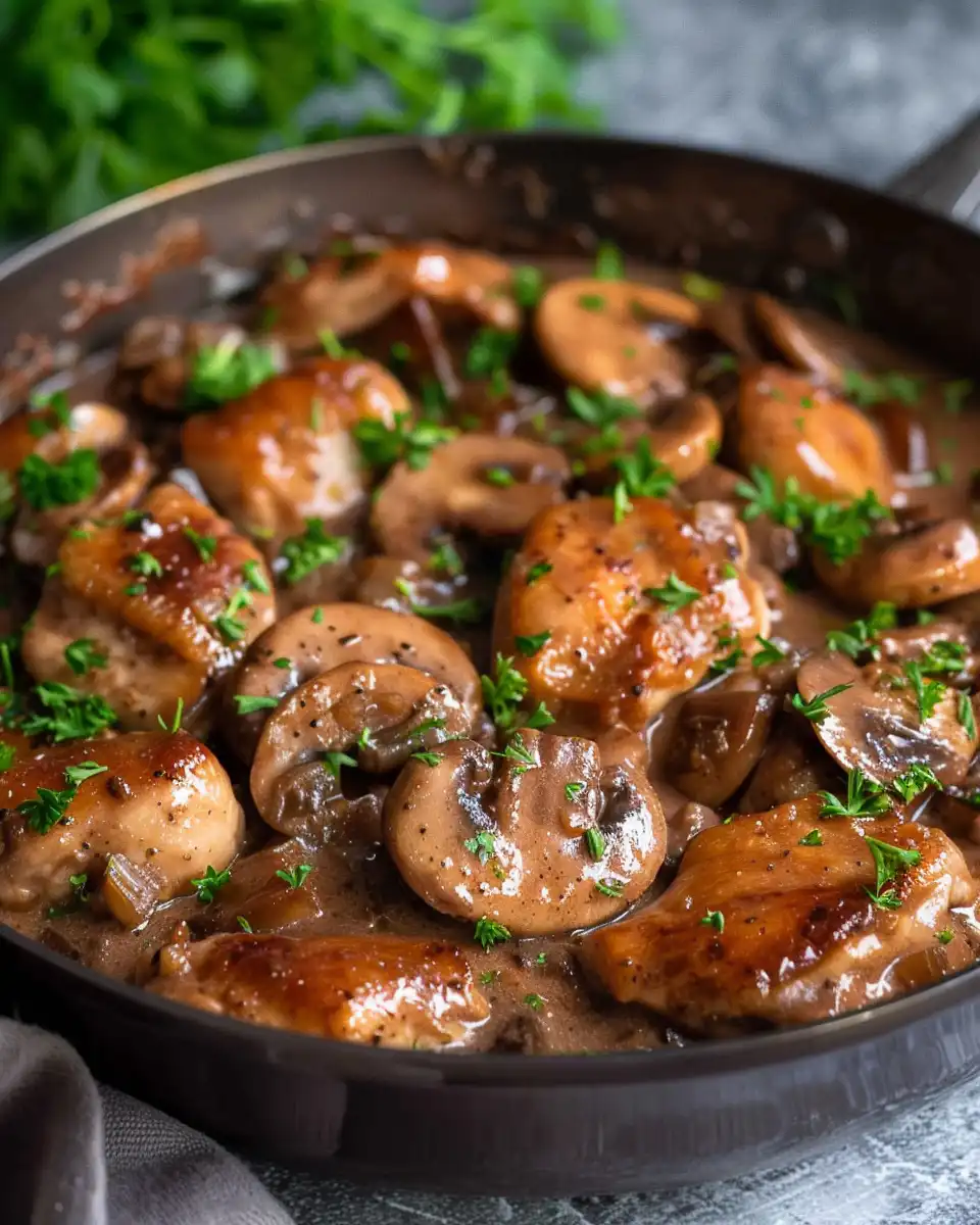 Finished Chicken Marsala Casserole with creamy cheese topping