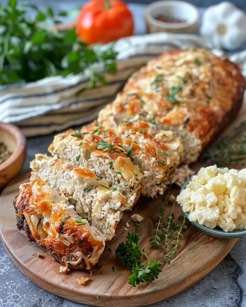 Plated chicken meatloaf with crispy garlic Parmesan topping ready to serve