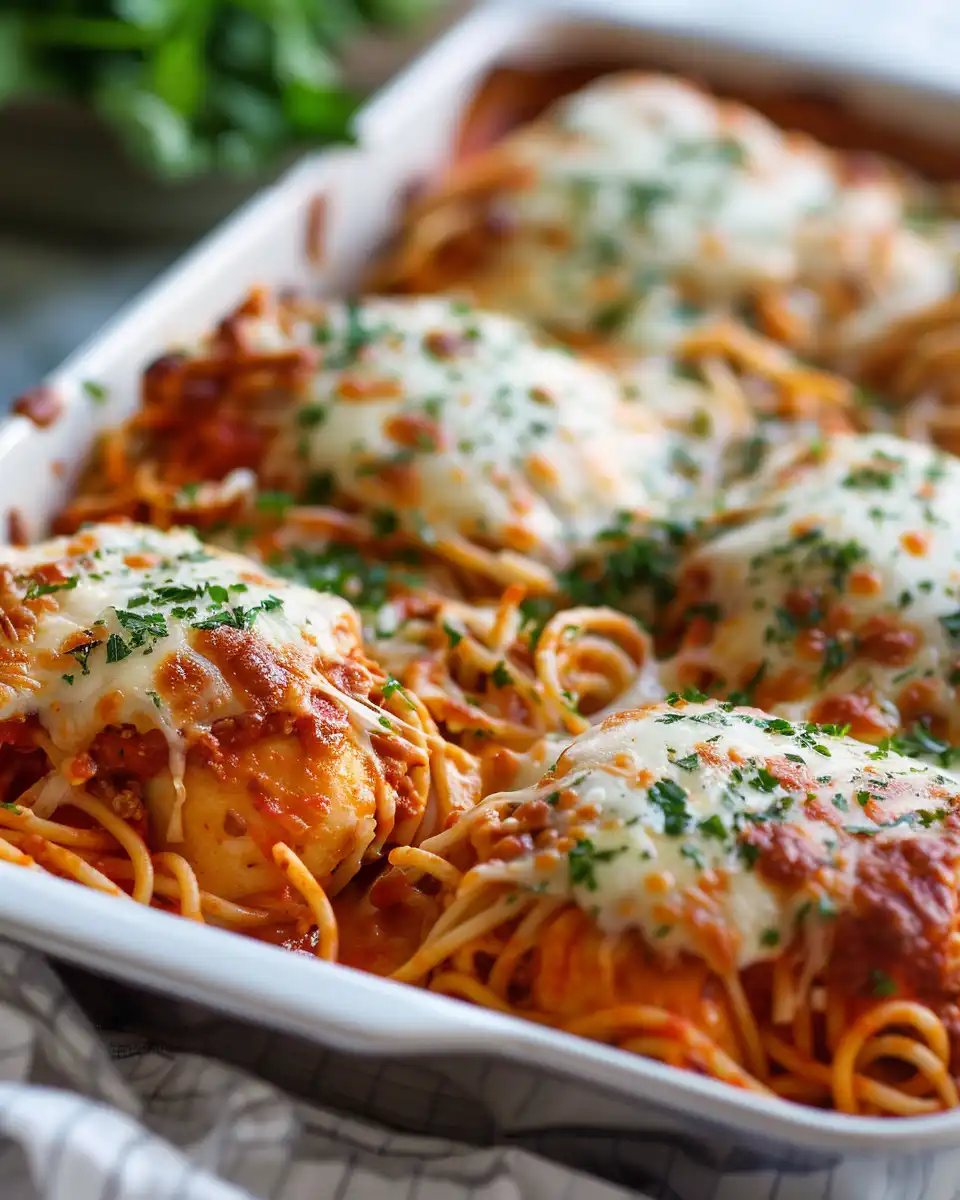 Slice of chicken Parmesan casserole plated with fresh parsley garnish