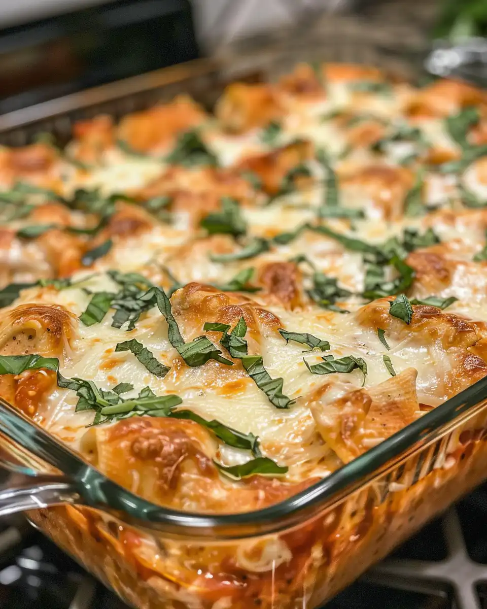 Chicken Parmesan casserole fresh out of the oven with melted cheese and marinara
