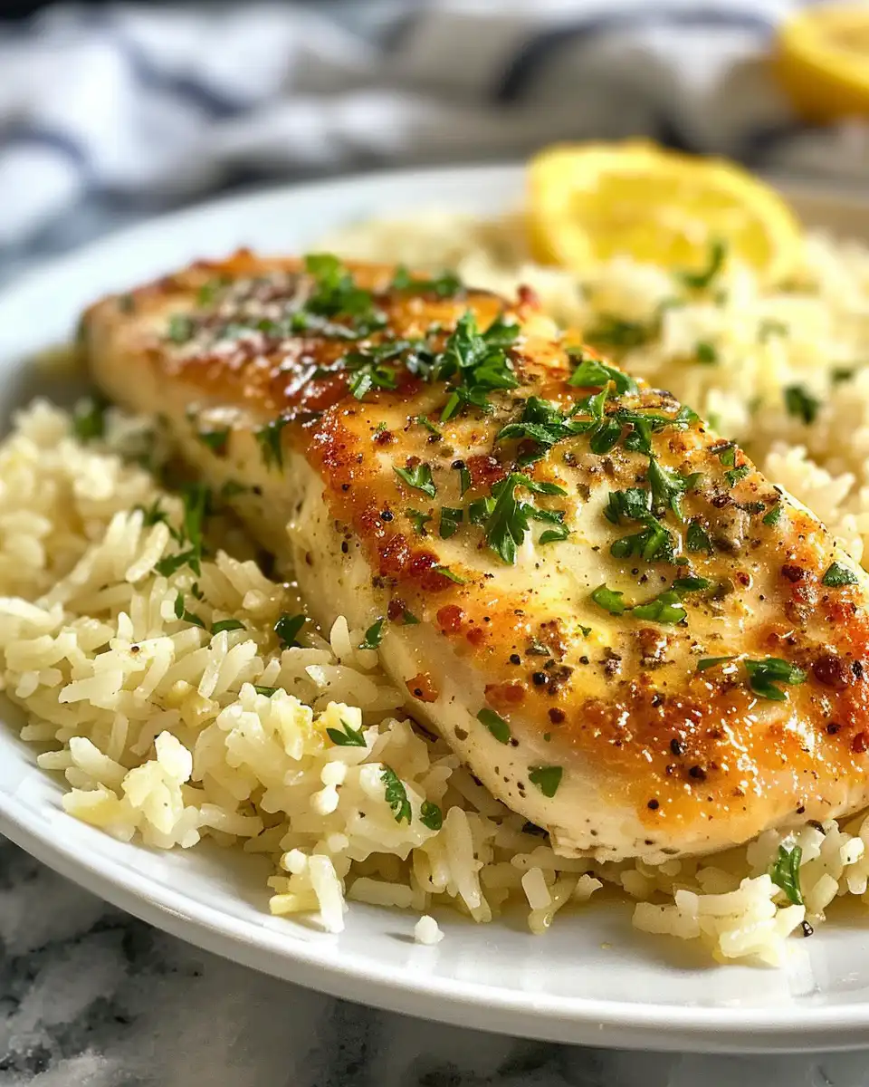Final plated chicken scampi with garlic Parmesan rice ready to eat