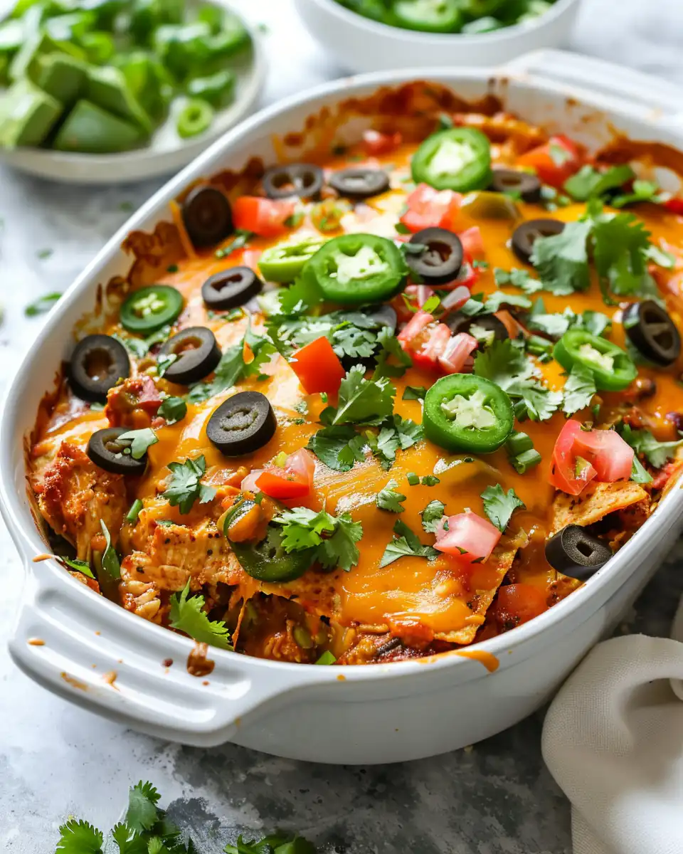 Close-up of chicken taco casserole ingredients including shredded chicken, black beans, and corn