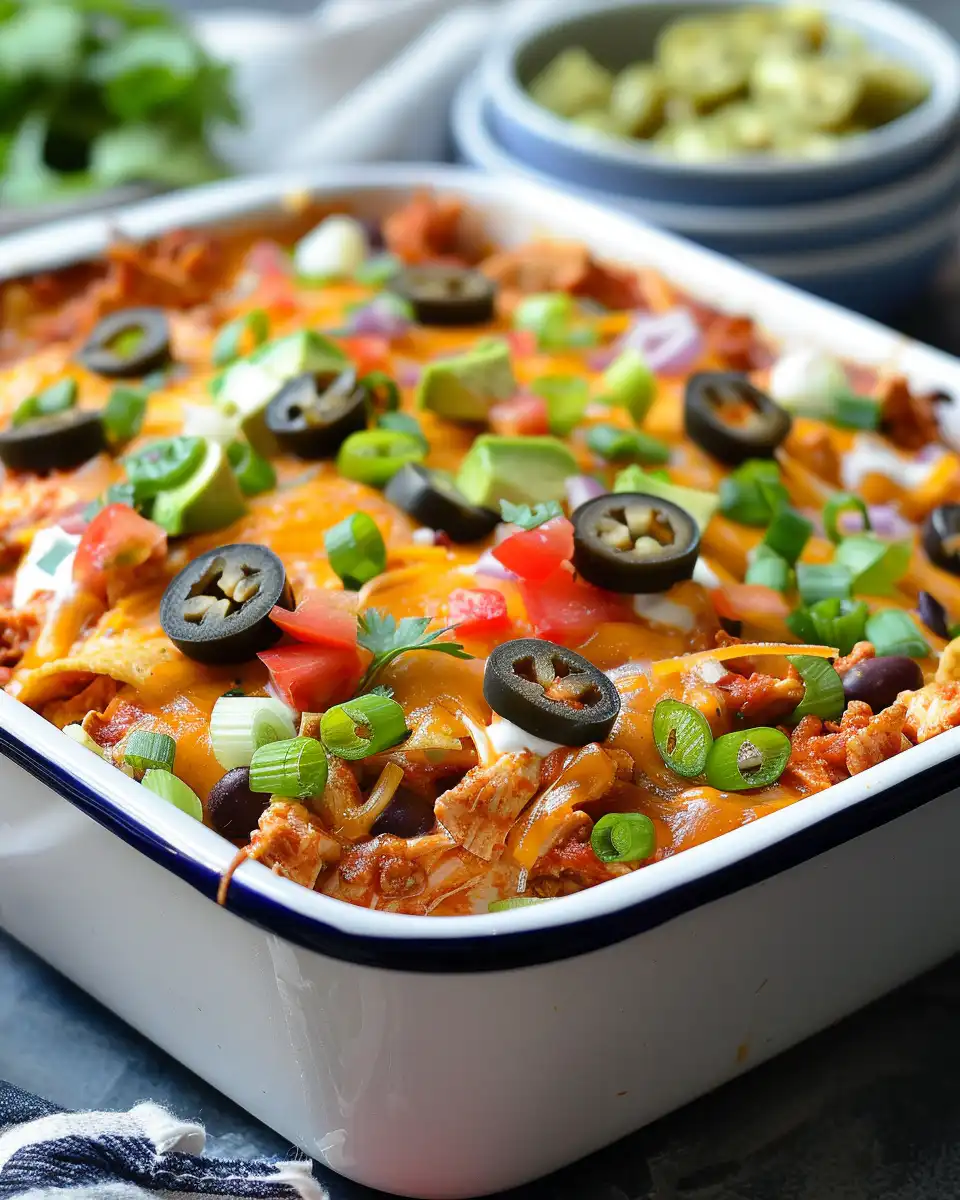 Final baked chicken taco casserole with melted cheese and garnished with green onions