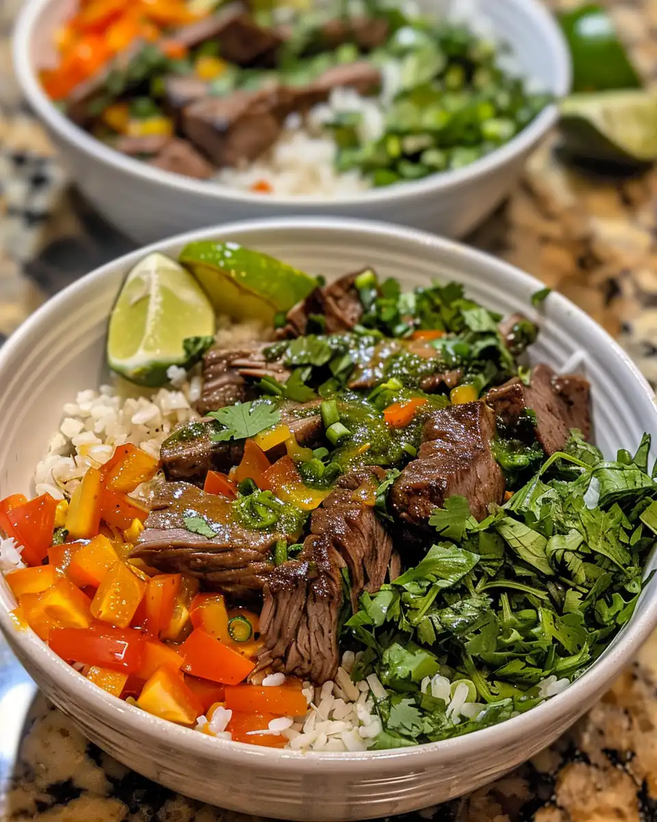 Fresh ingredients for cilantro lime flank steak bowls including flank steak and herbs
