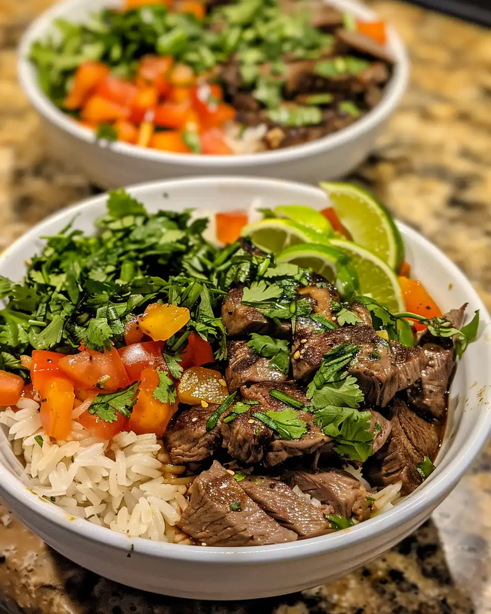 Finished cilantro lime steak bowls served and ready to eat with fresh garnish