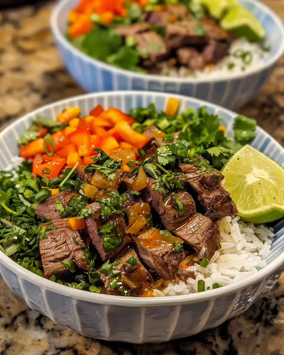 Cilantro lime steak bowls with lime zest and garlic aroma