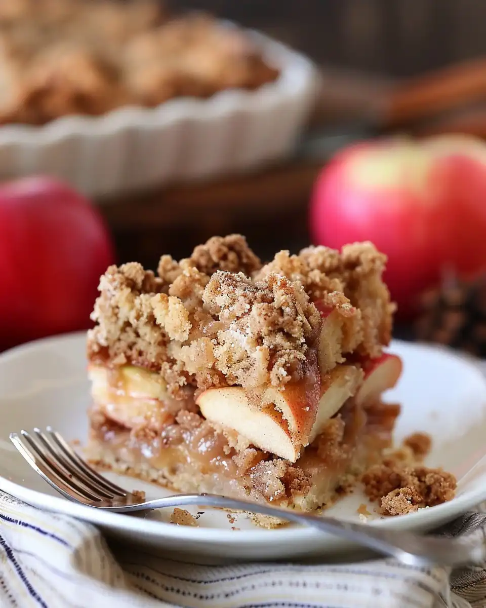 Slice of cinnamon apple crumb cake served on plate ready to eat
