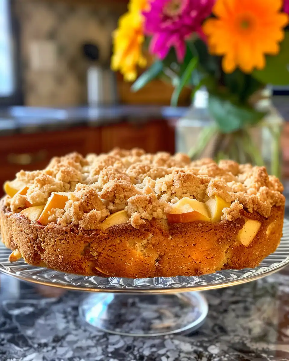 Freshly pressure cooked cinnamon apple crumb cake steaming in kitchen