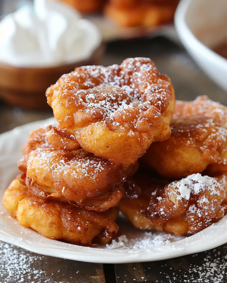 Fried and glazed cinnamon apple fritters ready to serve on a plate