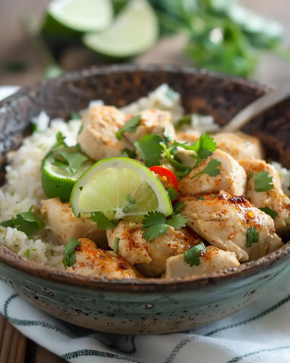 Golden chicken thighs and fluffy lime coconut rice plated