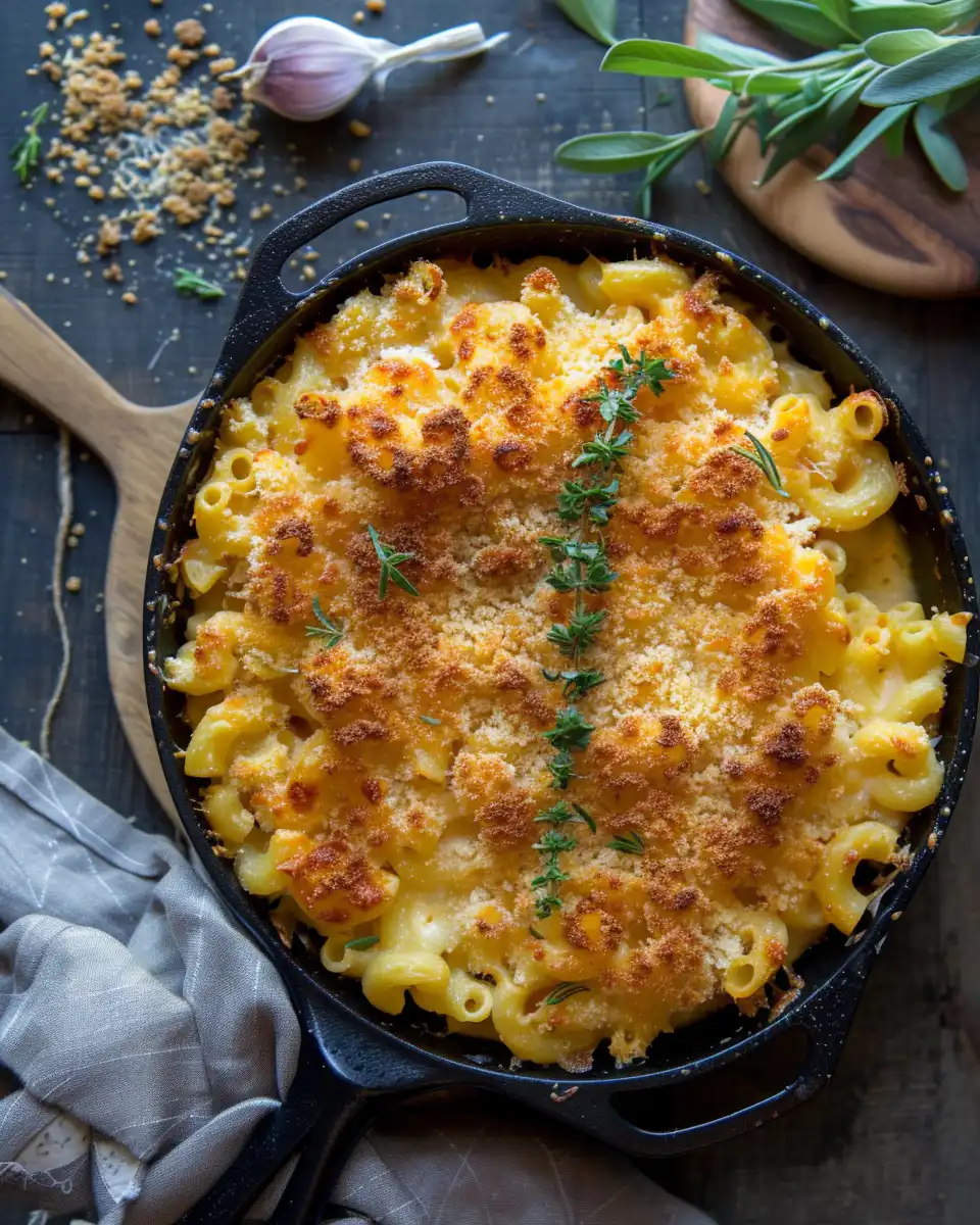 Final plated Tuscan mac and cheese served hot and creamy