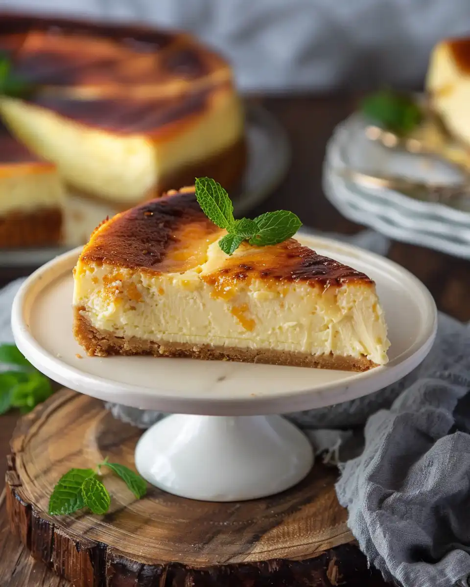 Slice of finished Crème Brûlée Cheesecake with caramelized sugar crust
