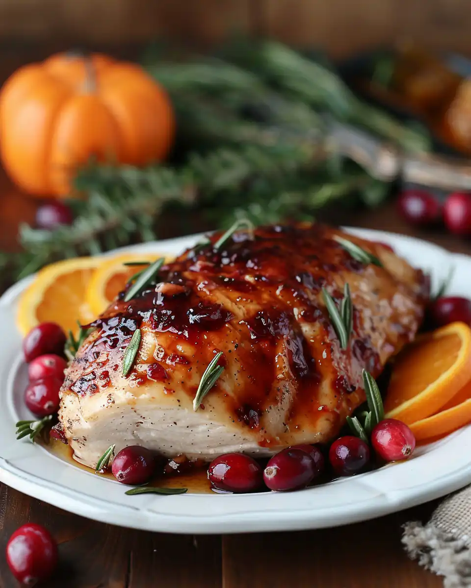 Sliced cranberry orange glazed turkey breast ready to serve