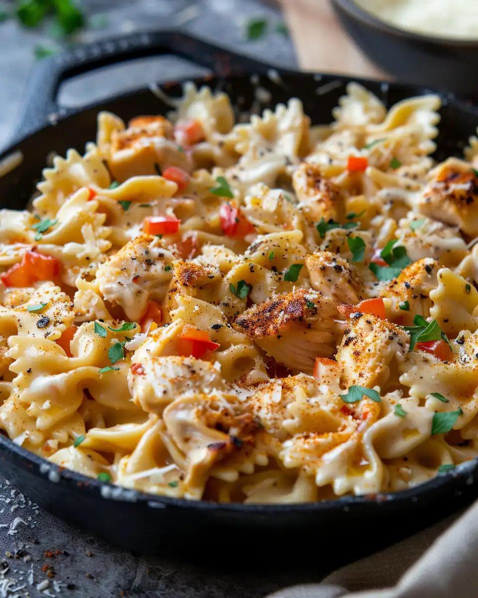 Close-up detail of creamy Cajun chicken pasta with garlic cheese sauce and seasoning