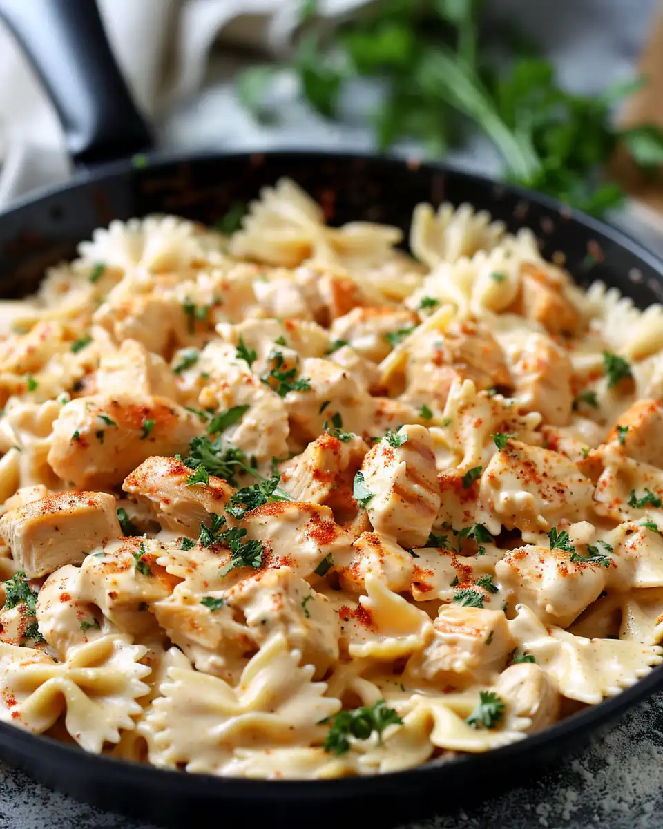 Final serving of creamy Cajun chicken bowtie pasta garnished with fresh herbs