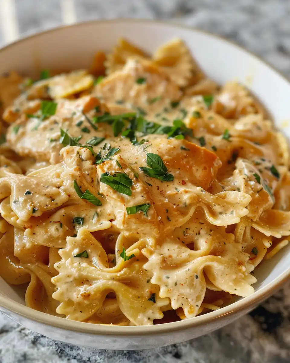 Creamy Cajun chicken bowtie pasta with garlic cheese sauce in a serving bowl