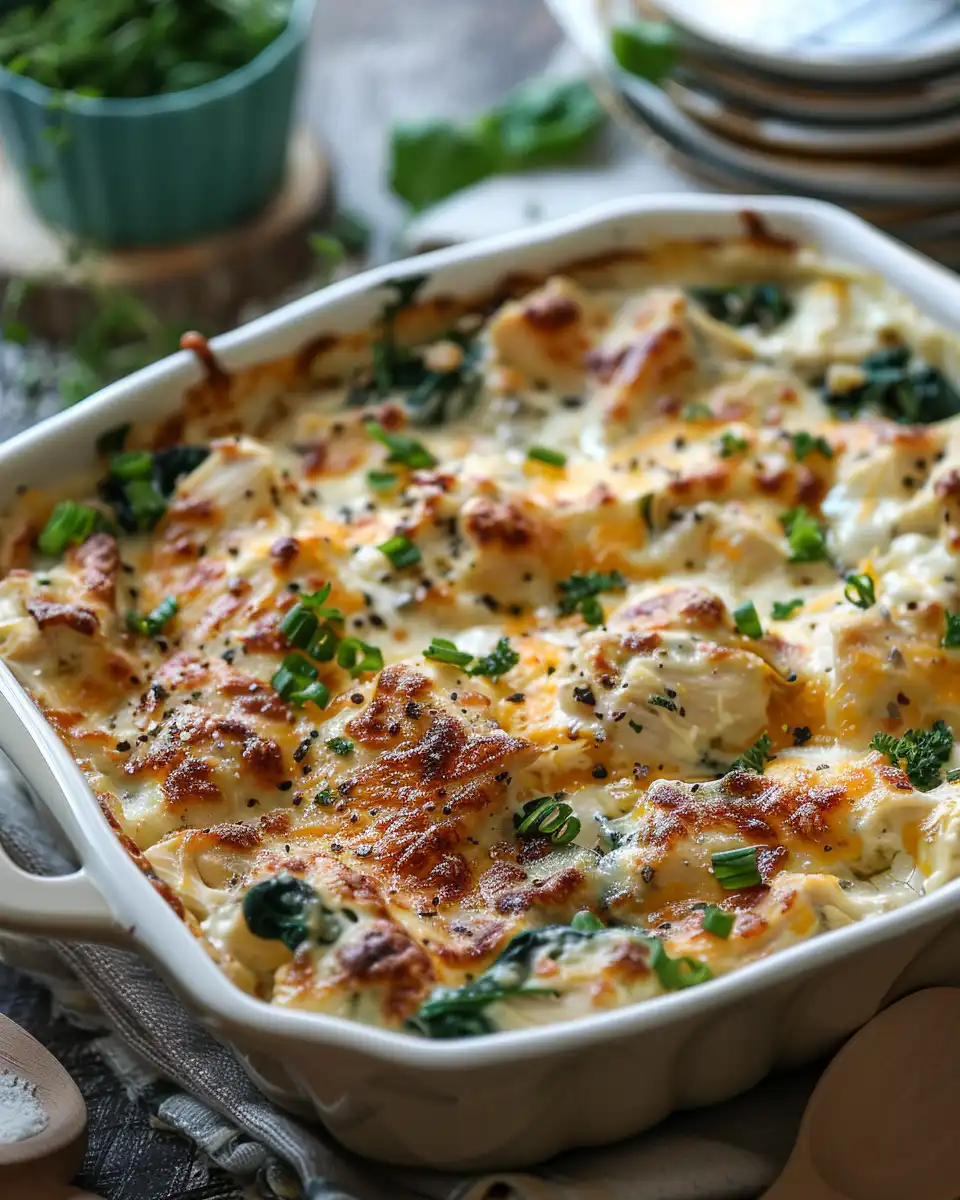 Ingredients and creamy texture detail of chicken spinach casserole