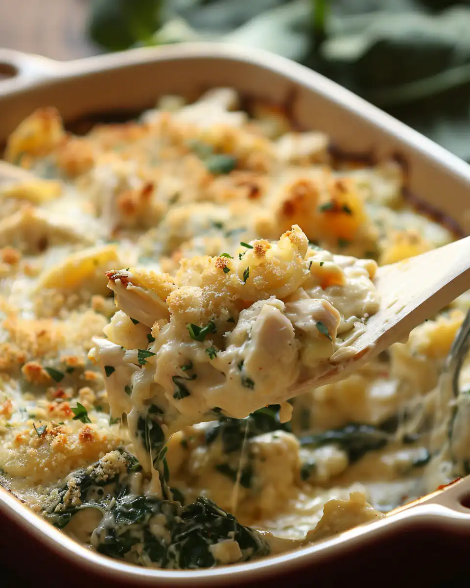 Golden baked top of creamy chicken and spinach casserole