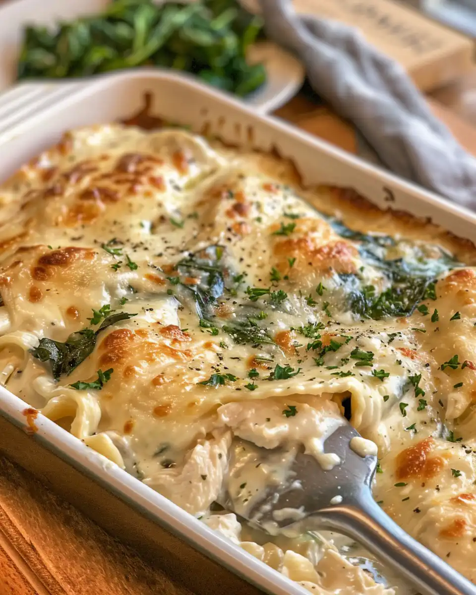 Creamy chicken and spinach casserole ready to serve