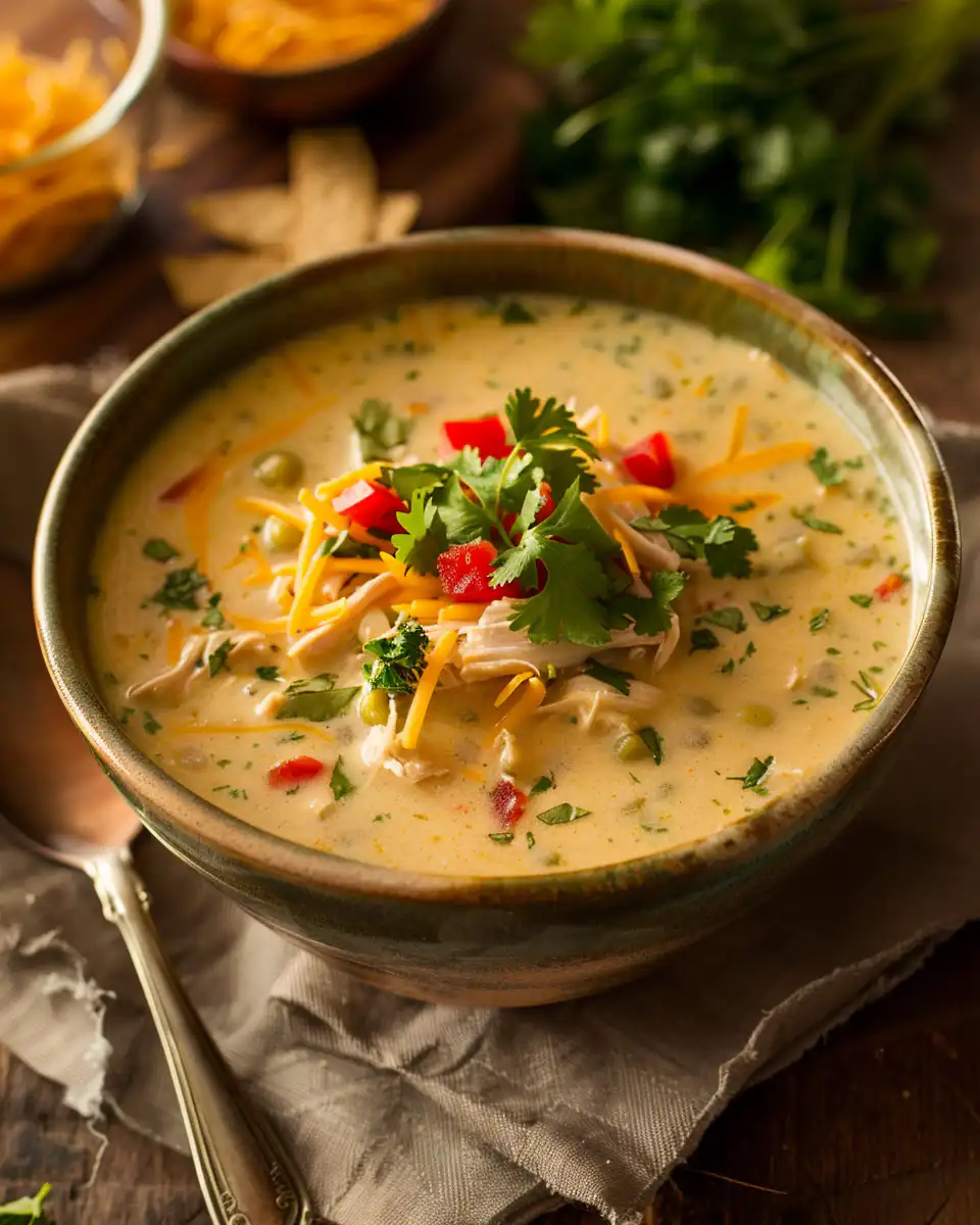 Close-up showing melting cream cheese and shredded chicken in soup
