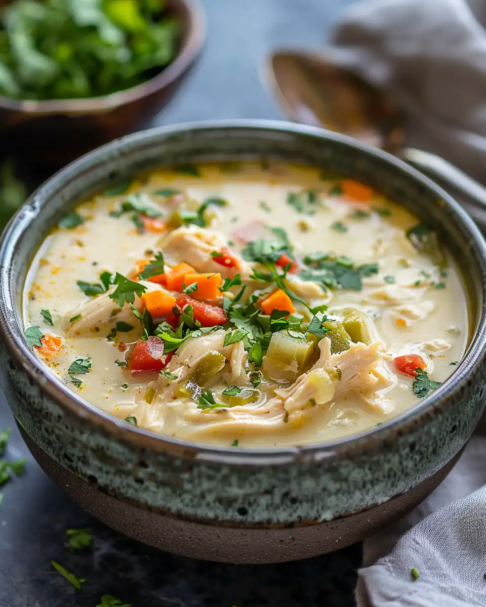 Bowl of creamy chicken soup topped with garnishes and ready to serve