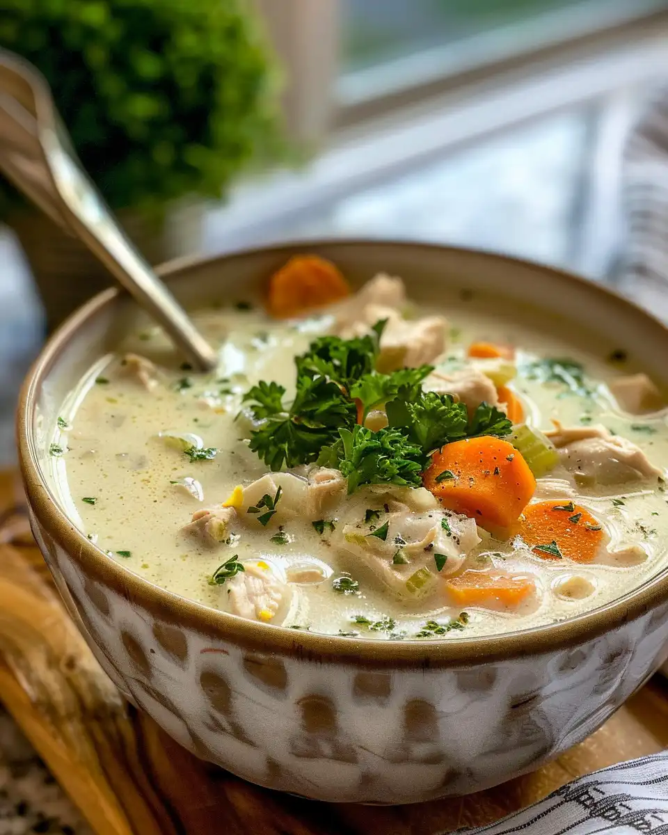 Creamy chicken soup with green enchilada sauce bubbling in pressure cooker