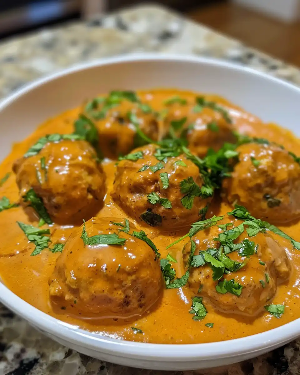 Plated coconut curry meatballs garnished with fresh herbs and toasted coconut flakes
