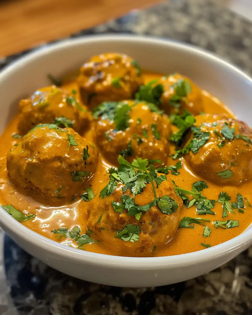 Tender coconut curry meatballs simmering in pot with steam rising