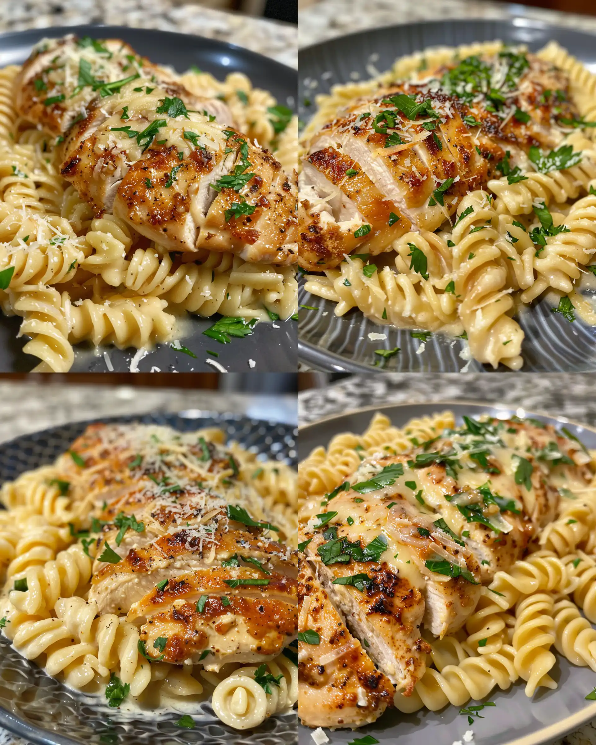 Creamy garlic parmesan chicken with cheesy twisted pasta in pot