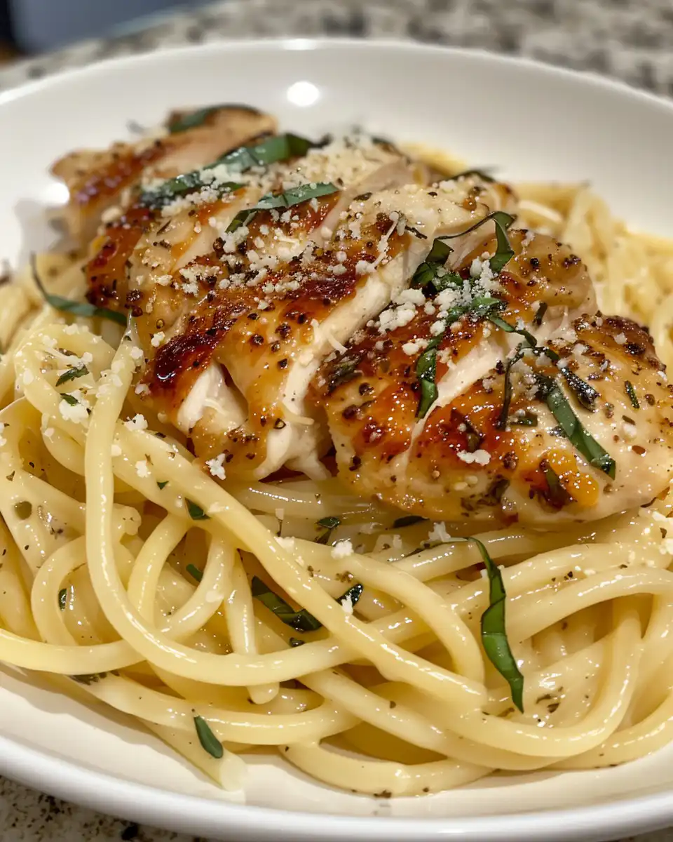 Plated creamy garlic parmesan chicken pasta with parsley garnish ready to serve