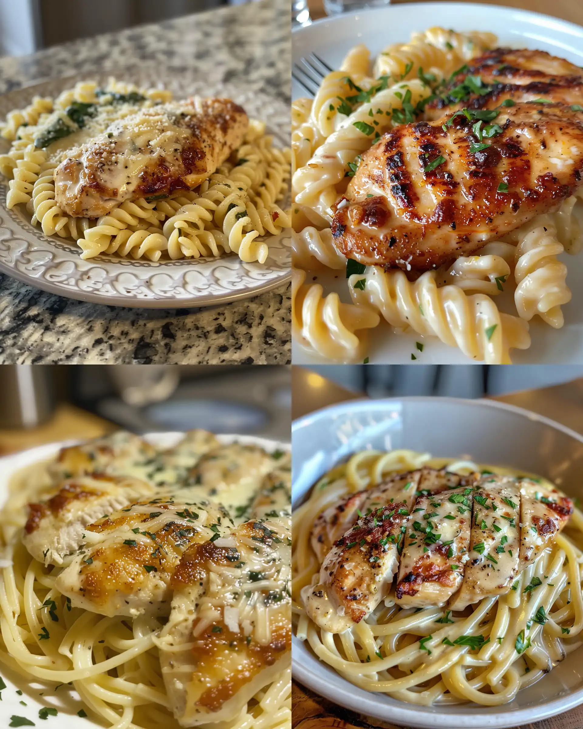 Creamy garlic Parmesan chicken with cheesy twisted pasta in a skillet