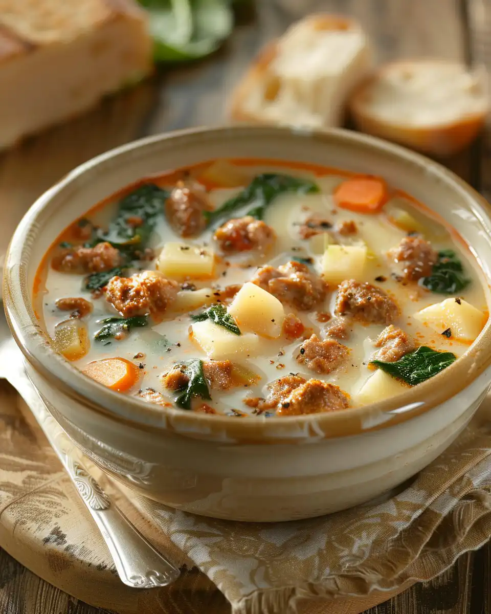 Close-up details of Italian sausage and potato soup ingredients in the cooking process