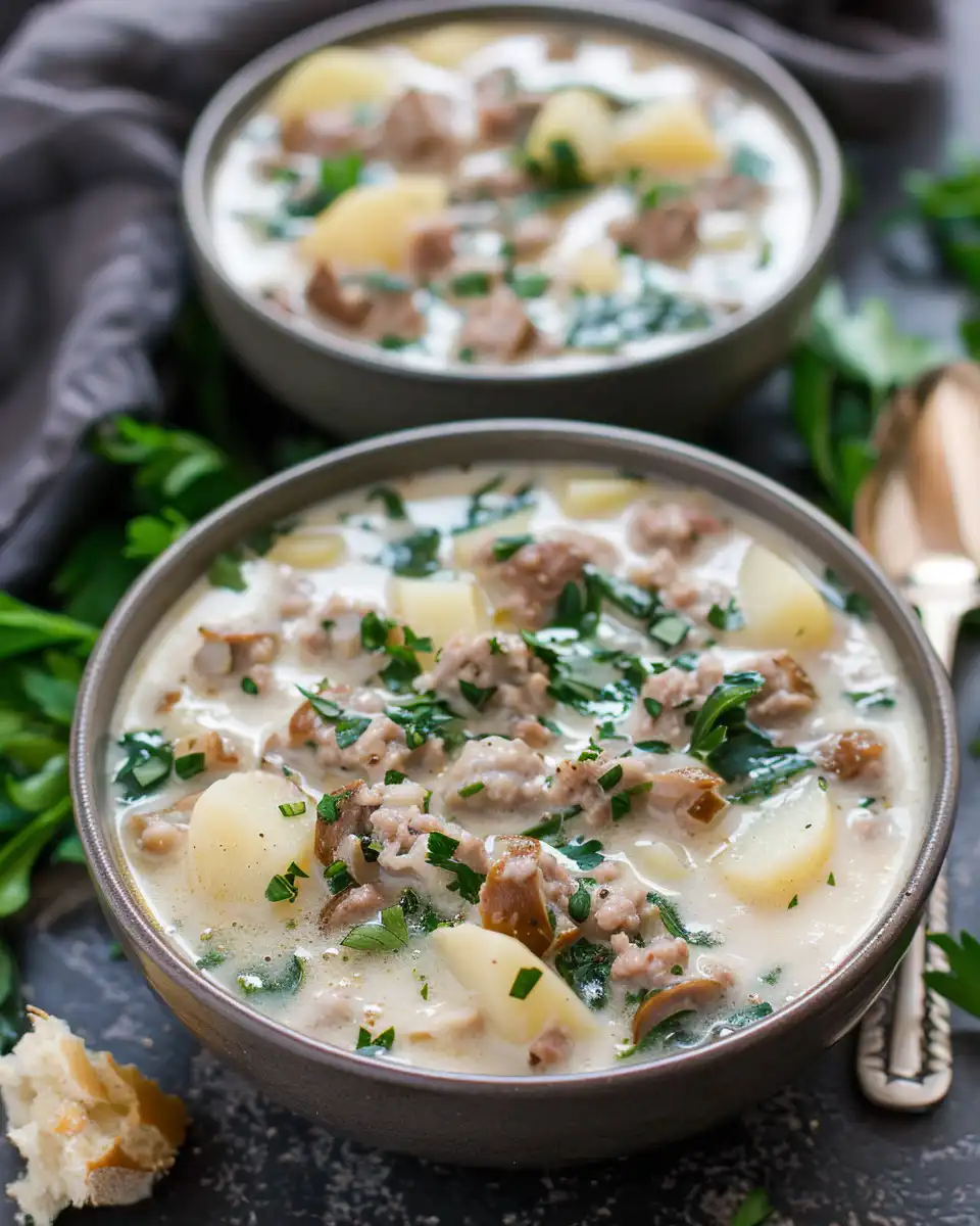 Served creamy Italian sausage and potato soup in a bowl garnished and ready to eat