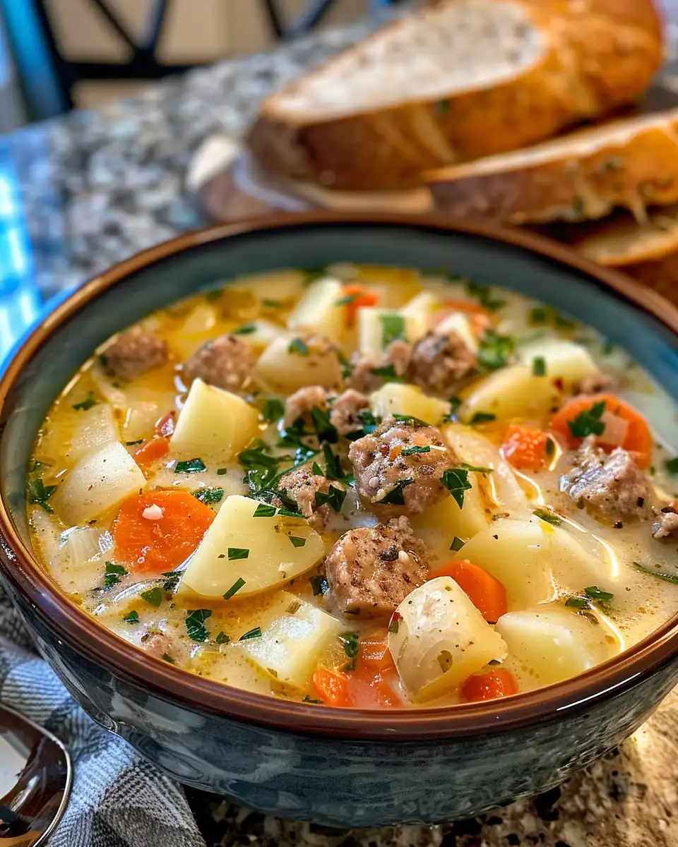 Creamy Italian sausage and potato soup steaming in a bowl, inviting and warm