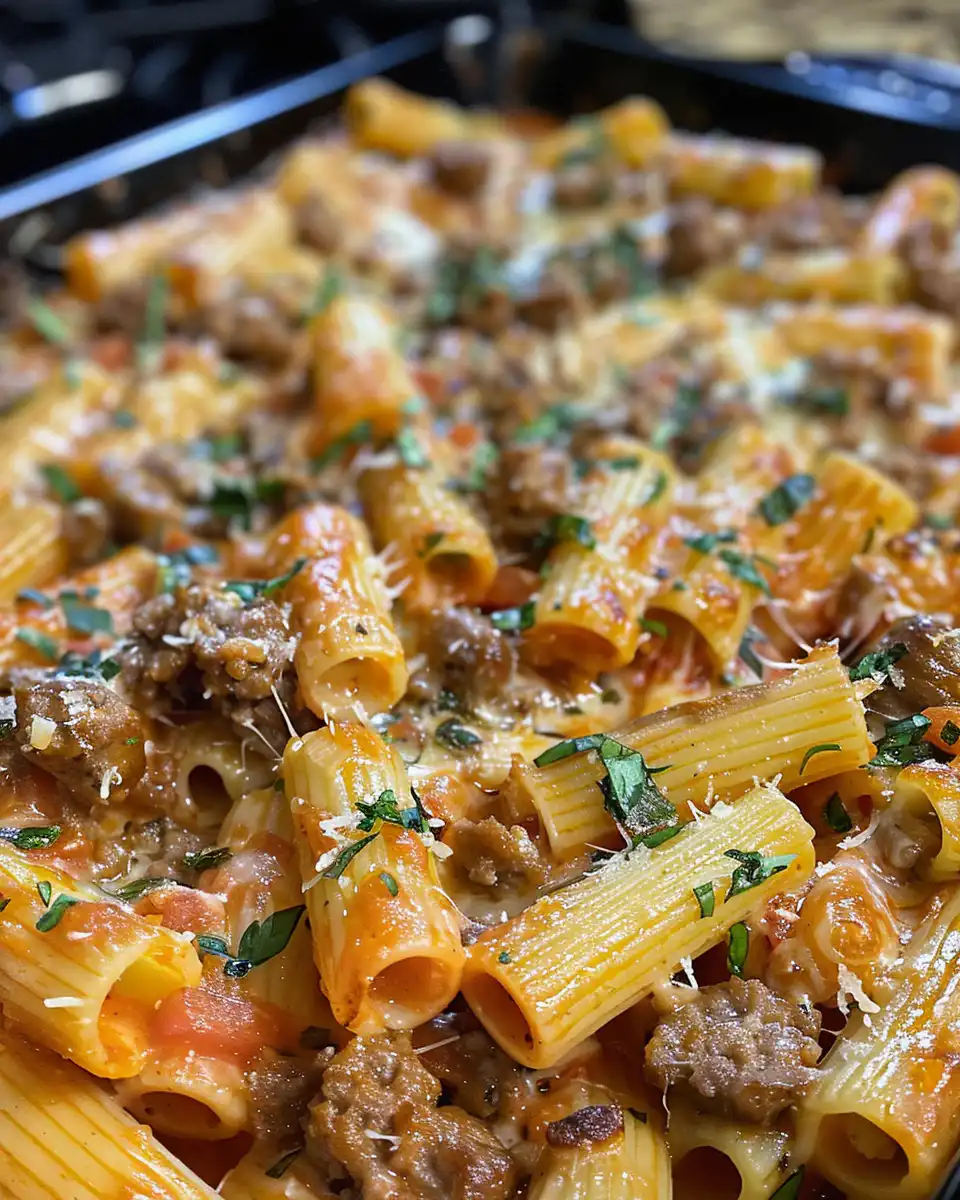 Ingredients including Italian sausage, rigatoni, tomato sauce, and spinach laid out