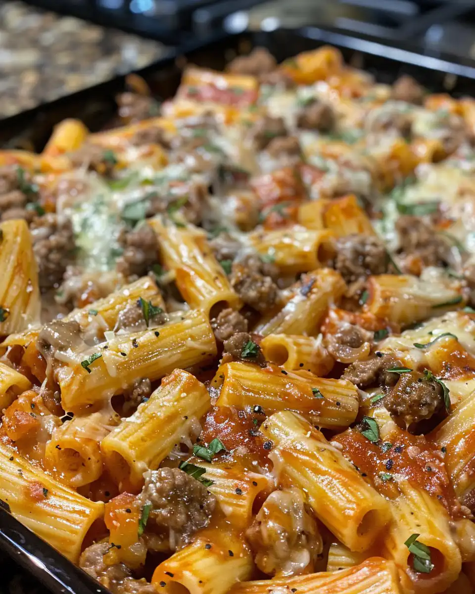 Creamy rigatoni pasta with Italian sausage ready to serve